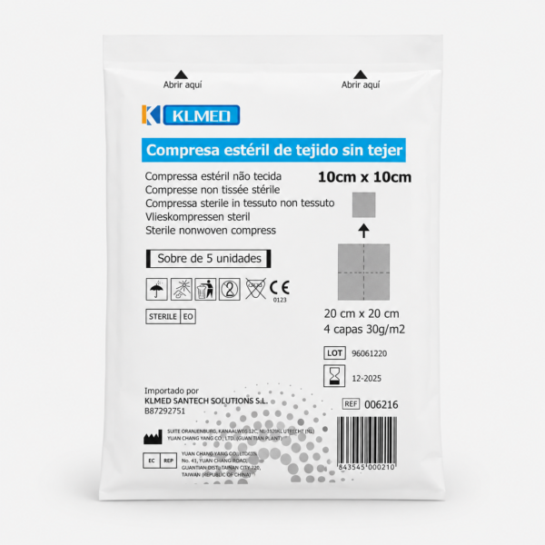 gasas_tst_esteril_10x10 Gasas Estériles de Tejido Sin Tejer 10 x 10 cm – Caja 800 Gasas (160 Sobres de 5 Unidades)