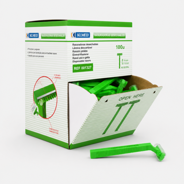 rasuradora_2_hojas_klmed Rasuradora Desechable de 2 Hojas con Peine KLMED Verde – Caja 100 Unidades