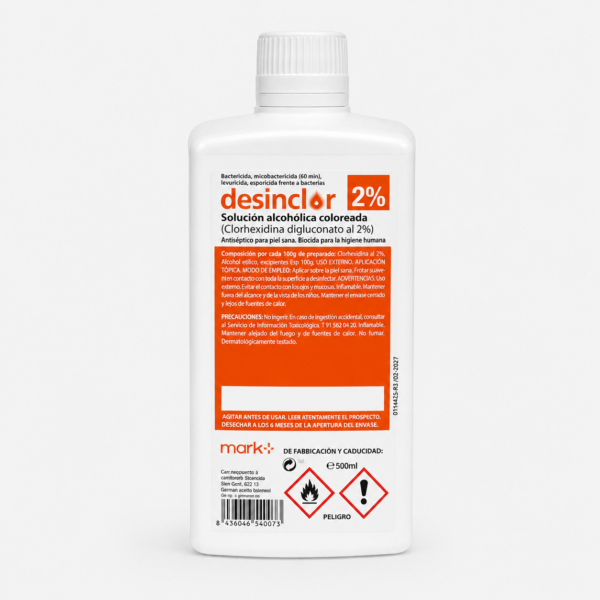 Clorhexidina alcohólica coloreada 2% 500 ml con tapón – Antiséptico para piel sana