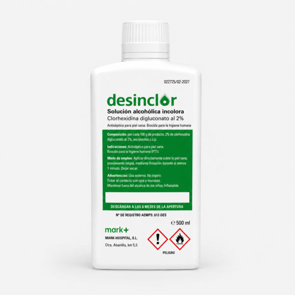 Clorhexidina alcohólica incolora 2% 500 ml con tapón – Antiséptico para piel sana