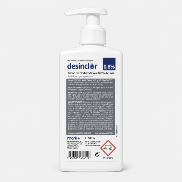 Jabón de clorhexidina acuosa 0,8% 500 ml con bomba dosificadora