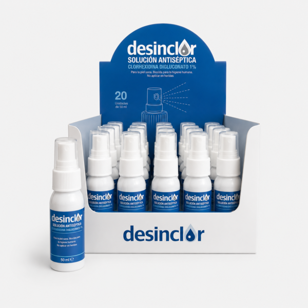 Expositor de clorhexidina acuosa incolora 1% en spray 30 ml – 20 unidades
