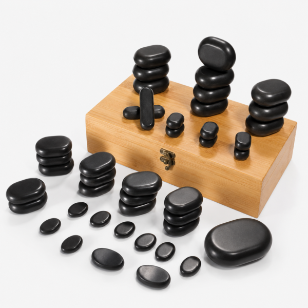 Set de 45 Piedras de Basalto para Masaje en Caja de Madera